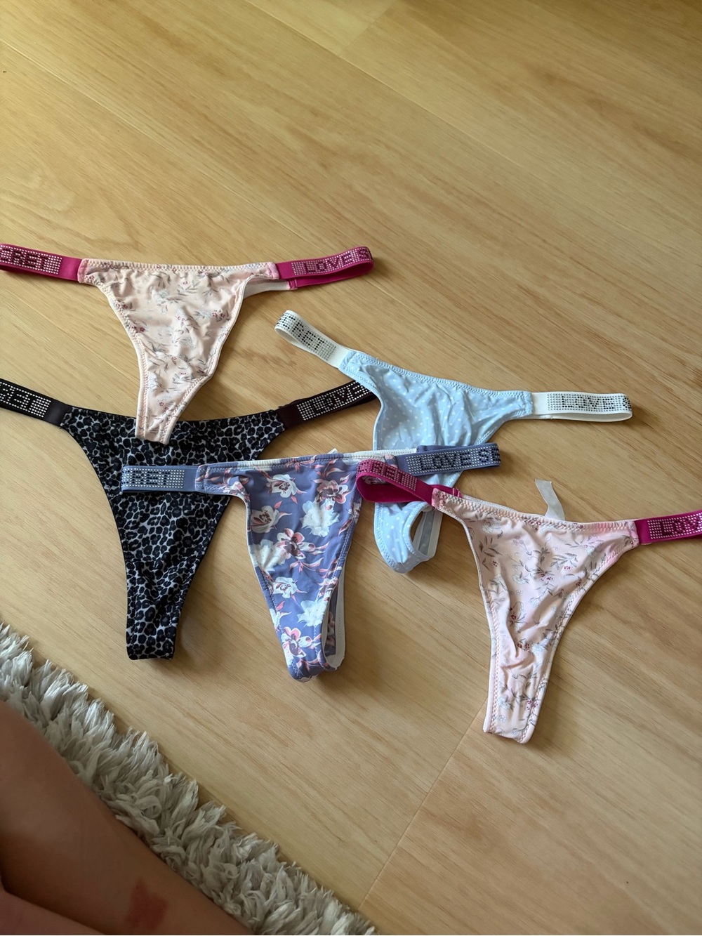 Floral & Animal Print Thong Set - Pink, Blue, Black, Lavender